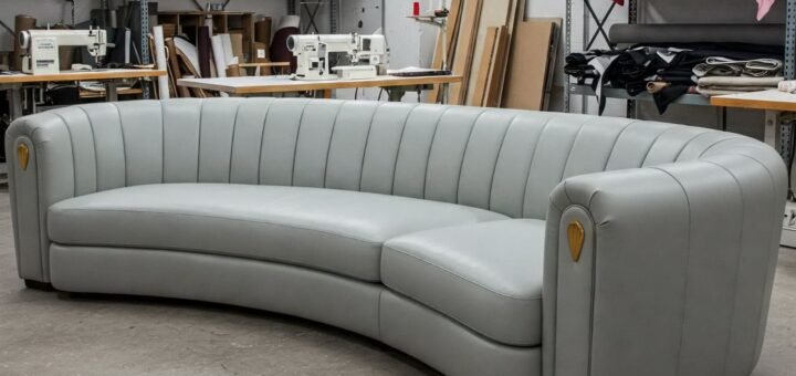 напівкруглий диван сірого кольору шкіряний