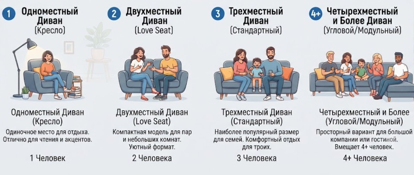 Классификация диванов по ЧИСЛУ ПОСАДОЧНЫХ МЕСТ