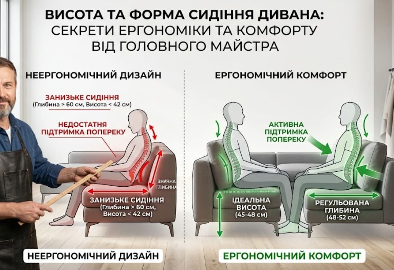Висота та форма сидіння дивана: секрети ергономіки та комфорту від головного майстра
