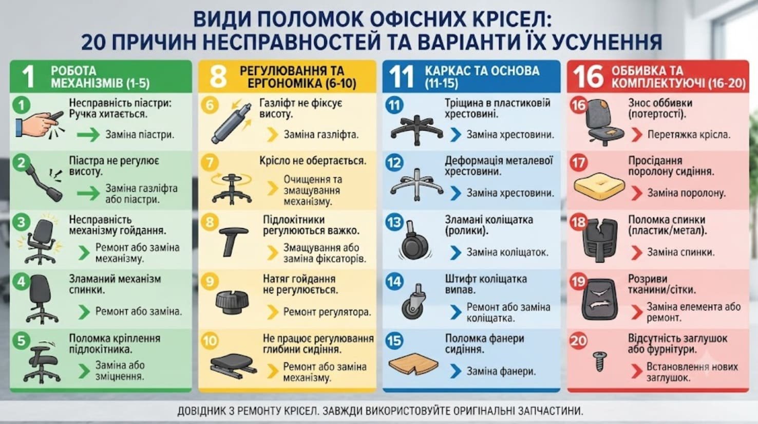 Види поломок офісних крісел: 20 причин несправностей та варіанти їх усунення